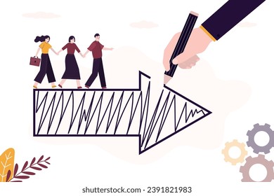 Business coach draws giant arrow for students or business people team, showing correct direction of development. Skills improvement, mentoring for career ladder. Ambitions, motivation for success.