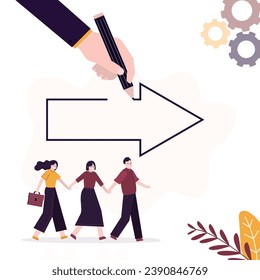 Business coach draws large arrow for students or  business people team, showing correct direction of development. Skills improvement, mentoring for career ladder. Ambitions, motivation for success.