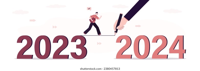 Business coach hand draws line from 2023 to 2024. Ambitions, motivation for success and business growth in 2024, businessman overcoming obstacles, solving unfinished tasks and transition to new year.