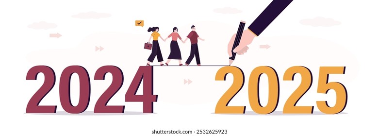 Business coach hand draws line from 2024 to 2025. Ambitions, motivation for success and business growth in 2025 year, Team overcoming obstacles, solving unfinished tasks and transition to new year.