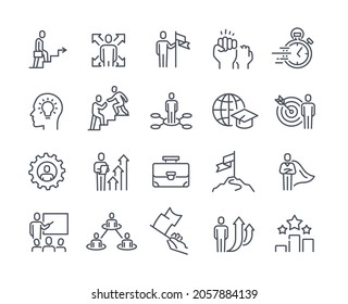 Business Coach icon collection. Company development, achievement of goal, realization of ambitions. Design elements for website and social network. Cartoon flat vector set isolated on white background