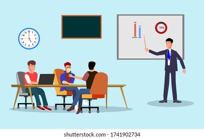 Business coach making presentation and speaking in front of audience about marketing, sales , presentation conference and motivation for business audience vector illustration