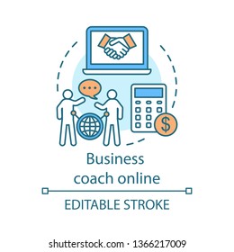 Business coach online concept icon. Mentoring consultancy?. Make deal. International business partnership idea thin line illustration. Vector isolated outline drawing. Editable stroke
