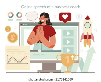 Business Coach Online Service Or Platform. Company Personnel Training, Career Development Course. Online Forum Speech. Flat Vector Illustration