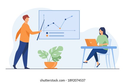 Business coach showing growth graph to businesswoman. Laptop, training, statistics flat vector illustration. Analytics and management concept for banner, website design or landing web page