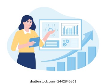 Business coach shows statistical growth graph. business analytics and management trending concept flat illustration