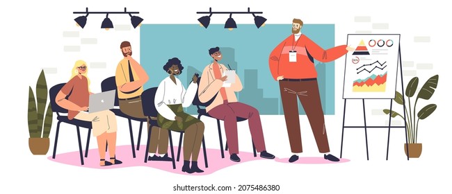 Business Coach Speaking In Front Of Audience. Mentor Presenting Charts And Reports On Seminar, Training, Presentation Or Conference. Leadership Mentoring Concept. Cartoon Flat Vector Illustration