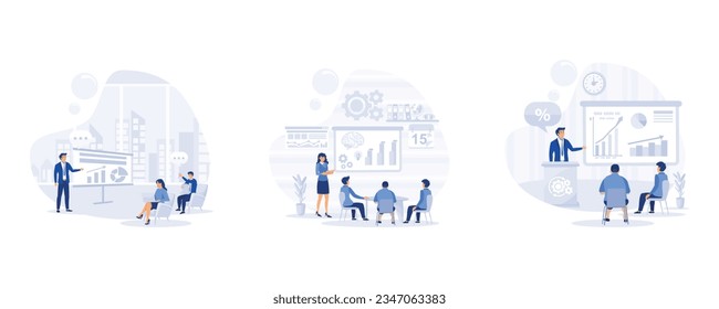 Business coach speaking in front of audience, Using Pie Diagrams and Column Charts, doing presentation and professional training about marketing, sales and e-commerce, 