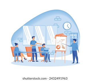 Business coach speaking in front of audience. Mentor presenting charts and reports on seminar, training, presentation or conference. flat vector modern illustration 