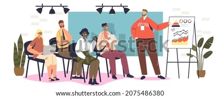 Business coach speaking in front of audience. Mentor presenting charts and reports on seminar, training, presentation or conference. Leadership mentoring concept. Cartoon flat vector illustration