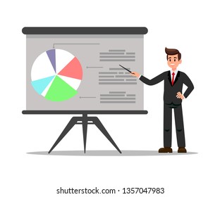 Entrenador de negocios en Ilustración de vectores planos de serie. Hombre Dando Presentación. Office Worker Pointing en pizarra electrónica. Gráfico, Diagrama, Gráfico. Conferencia, Seminario. Carácter de dibujo confidencial