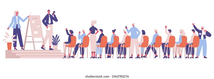 Business coach training. Office team business strategy presentation, workshop conference vector illustration. Business trainer and audience group of listeners. Seminar office, presentation conference