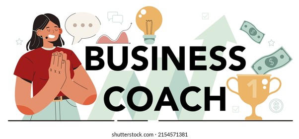 Business coach typographic header. Company personnel training, career development course. Business coach and lecture listeners. Flat vector illustration