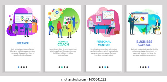Business coach vector, professional mentor person teaching student details giving info on subjects, koala and sloth hipster animals businessman. Website or slider app, landing page flat style