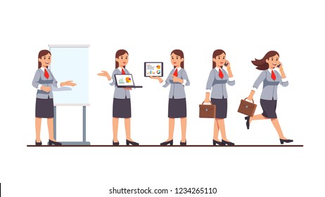 Business coach woman doing project presentation showing charts on flipchart, laptop and tablet computer, walking, running with phone & suitcase. Businesswoman poses. Flat cartoon vector illustration