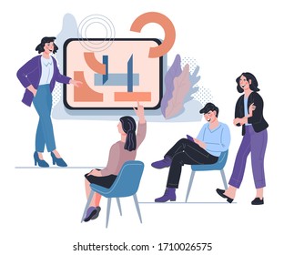 Business coaching banner with people near presentation board. Teamwork corporate education and skills courses. Goal setting in business training or webinar. Isolated vector illustration.