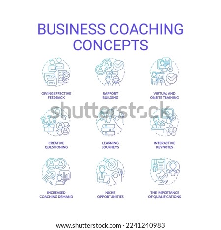Business coaching blue gradient concept icons set. Learning experience idea thin line color illustrations. Training. Effective feedback. Isolated symbols. Roboto-Medium, Myriad Pro-Bold fonts used