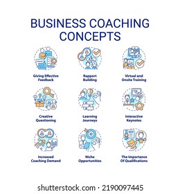 Business coaching concept icons set. Learning experience idea thin line color illustrations. Training. Effective feedback. Isolated symbols. Editable stroke. Roboto-Medium, Myriad Pro-Bold fonts used