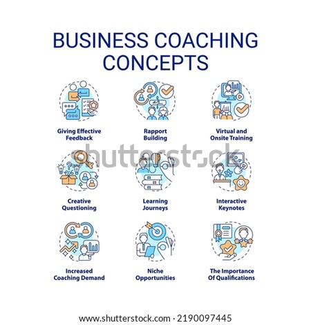 Business coaching concept icons set. Learning experience idea thin line color illustrations. Training. Effective feedback. Isolated symbols. Editable stroke. Roboto-Medium, Myriad Pro-Bold fonts used