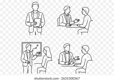 Business Coaching  Consultation Line Art Set  Corporate Strategy and Client Meeting Vectors
