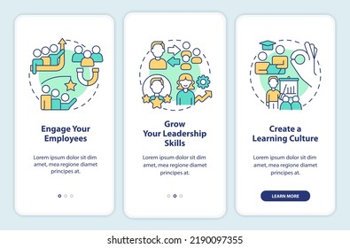Business coaching courses ad onboarding mobile app screen. Engagement walkthrough 3 steps editable graphic instructions with linear concepts. UI, UX, GUI template. Myriad Pro-Bold, Regular fonts used
