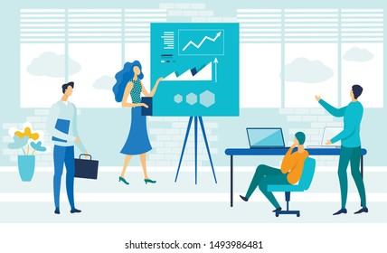 Business Coaching Courses Flat Vector Illustration. Economic School Teacher and Students Cartoon Characters. Financial Literacy Seminar, Presentation. Data Analysis Class, Tutor Training new Employees