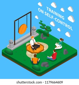 Business coaching focusing on self control isometric composition with meditation training in yoga lotus position vector illustration 