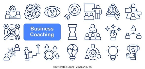 Conjunto de iconos de coaching empresarial con habilidades de comunicación, ejecutivo, solución, capacitación, tutoría, resolución de problemas, adaptabilidad, visión empresarial y agilidad estratégica.