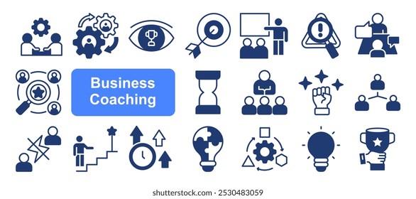 Business coaching icon set with communication skills, executive, solution, training, mentoring, problem solving, adaptability, business acumen, and strategic agility.