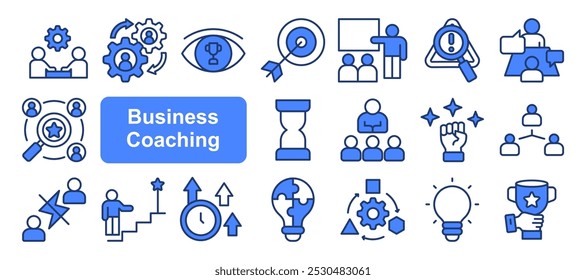 Conjunto de iconos de coaching empresarial con habilidades de comunicación, ejecutivo, solución, capacitación, tutoría, resolución de problemas, adaptabilidad, visión empresarial y agilidad estratégica.