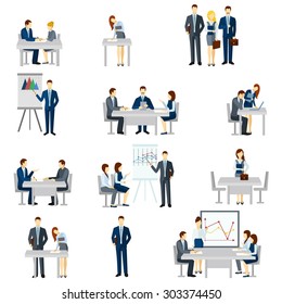 Iconos de entrenamiento de negocios establecidos con diagramas de discusión e ilustraciones vectoriales aisladas de equipo