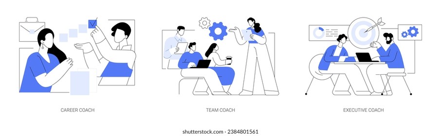 Business coaching isolated cartoon vector illustrations set. Business person talking with personal career coach, group people have conversation with specialist, executive training vector cartoon.