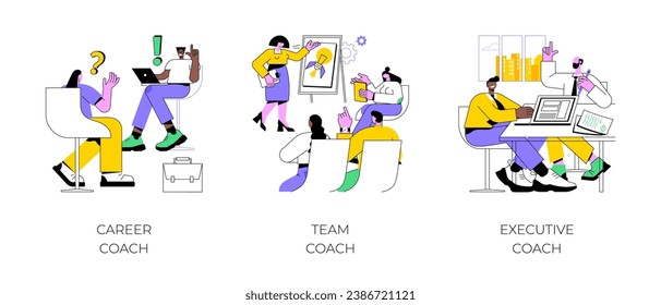 Business coaching isolated cartoon vector illustrations set. Business person talking with personal career coach, group people have conversation with specialist, executive training vector cartoon.