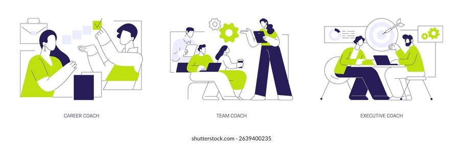 Business coaching isolated cartoon vector illustrations set. Business person talking with personal career coach, group people have conversation with specialist, executive training vector cartoon.