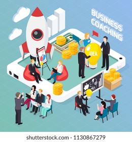 Business coaching isometric composition, creative idea discussion for start up project, mentoring and personnel training vector illustration 