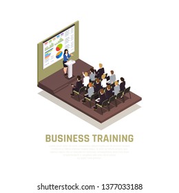 Business coaching isometric concept with lecture and workshop symbols  vector illustration
