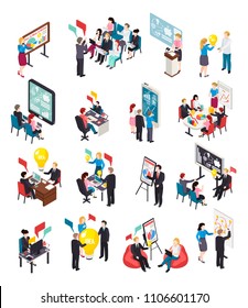 Business coaching isometric icons, creative idea, expert lectures and mentoring, online training, brain storm isolated vector illustration  