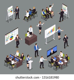 Business coaching isometric icons set with strategy and success symbols isolated vector illustration