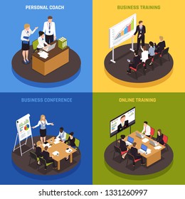 Business coaching isometric icons set with strategy and success symbols isolated vector illustration