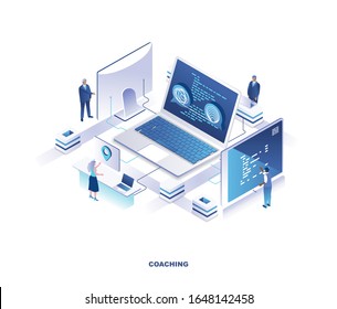 Business coaching isometric landing page. Concept of career development seminar, training or educational course with tiny people working on computers around giant laptop. Modern vector illustration.