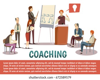 Business coaching with lecturer speaking from tribune and participants writing information on white background vector illustration 
