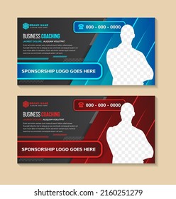 Business coaching live webinar banner invitation and social media post template. diagonal shapes element using red and blue gradient with black background. space for text and photo. 