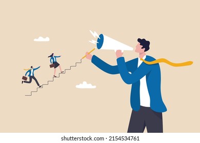 Business Coaching Or Mentor To Improve Employee Skills, Performance And Leadership, Motivate People, Advice Or Guidance For Success Concept, Employees Walk Up Stair Created By Coaching Businessman.