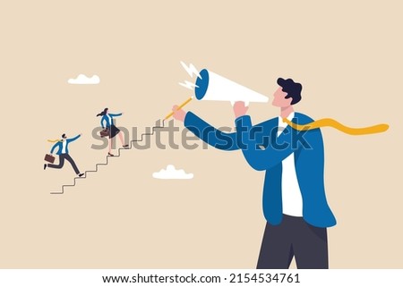 Business coaching or mentor to improve employee skills, performance and leadership, motivate people, advice or guidance for success concept, employees walk up stair created by coaching businessman.