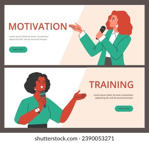 Business coaching or mentor, motivation training flyers set. Cartoon presenter, coach seminar, advice or guidance for success concept. Landing page vector templates