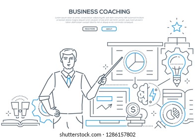 Business coaching - modern line design style web banner on white background. High quality composition with a young male specialist, businessman showing diagrams, infographic charts on the whiteboard