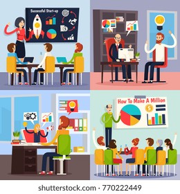 Business coaching orthogonal flat concept with successful startup, personal mentoring, e-learning, staff training isolated vector illustration
