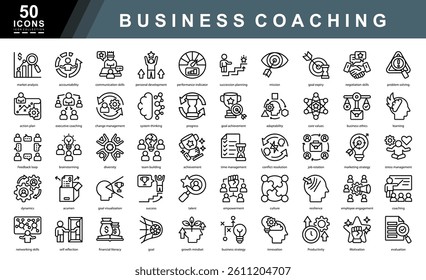 Business coaching outline icon set featuring leadership, growth, performance, strategy, and communication. Ideal for corporate training, personal development, and productivity tools.