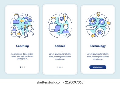 Business coaching platform programs onboarding mobile app screen. Walkthrough 3 steps editable graphic instructions with linear concepts. UI, UX, GUI template. Myriad Pro-Bold, Regular fonts used