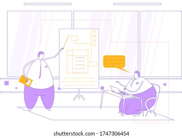 Business coaching. Two characters in the office during business training. Flat line vector illustration.